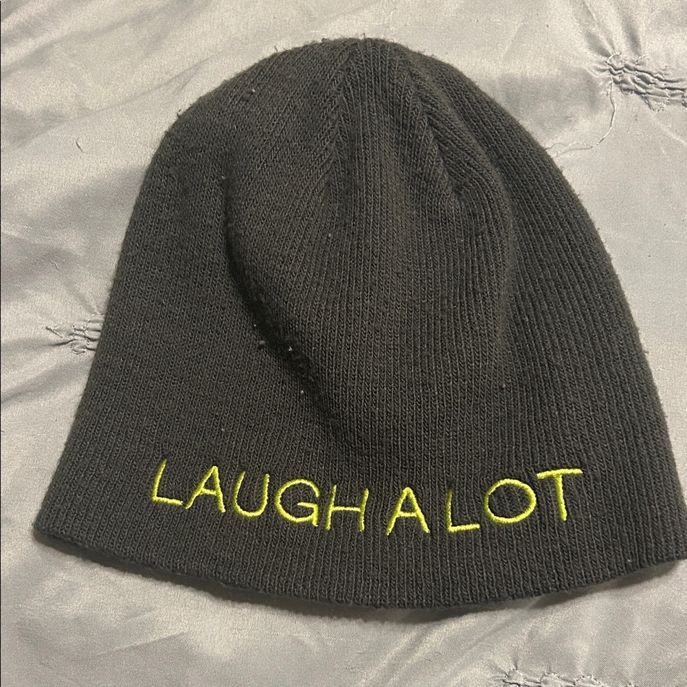 Black Beanie with Yellow 'LAUGH A LOT' Embroidery